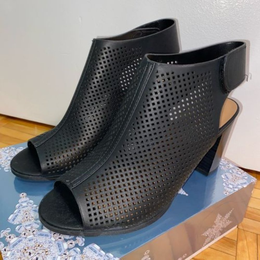 (NWOT) KS2 Black Perforated Peep Toe Heeled Booties - Chic Cutout Sandals
